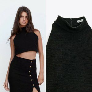 ZARA NWT Textured Halter Cropped Top Black